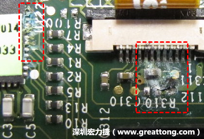 電路板疑似腐蝕氧化,懷疑電流異常過熱造成