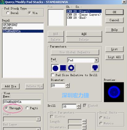 分析文件完成后，點擊菜單Setup→Pad Stacks調出焊盤堆設置窗口，將Pad Stack Type改為Via
